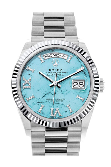 Rolex Day-Date 36 Turquoise Diamond Dial Fluted Bezel Platinum President Watch - Ref # 128236