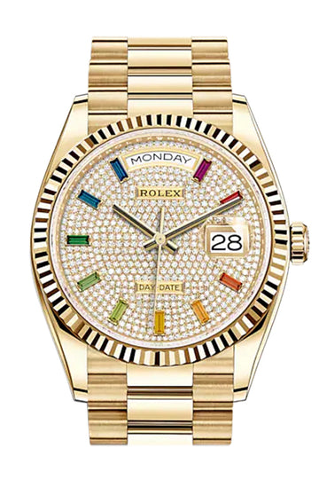 ROLEX Day-Date 36 Diamond-Paved Diamond Dial 18K Yellow Gold Watch - Ref # 128238