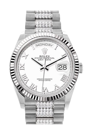 Rolex Day-Date 36 White Dial Fluted Bezel White Gold Diamond President Watch - Ref # 128239