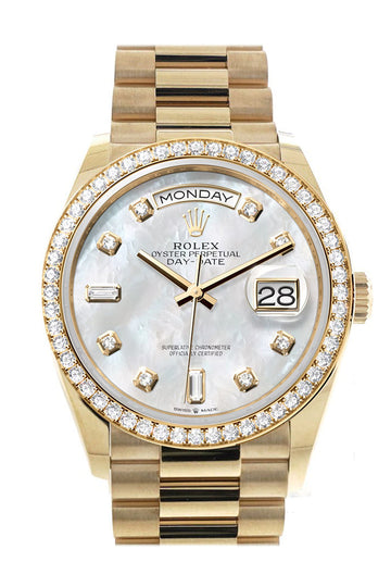 Rolex Day-Date 36 Mother of Pearl Dial Gold Diamond Bezel Watch - Ref # 128348RBR-0017 128348RBR