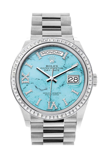 Rolex Day-Date 36 Turquoise Dial Diamond Bezel Platinum President Watch - Ref # 128396TBR