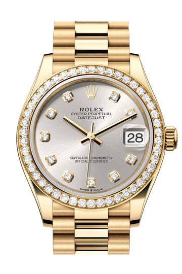 Rolex Datejust 31 Silver Diamond Dial Diamond Bezel Yellow Gold Ladies Watch - Ref # 278288RBR 278288RBR-0028