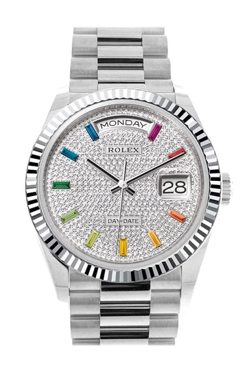 Rolex Day-Date 36 Diamond Paved Dial Fluted Bezel Platinum President Watch - Ref # 128236
