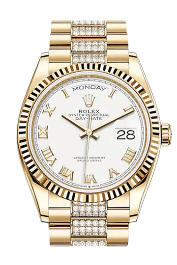 ROLEX Day-Date 36 White Roman Dial 18K Yellow Gold Watch - Ref # Diamond set president Bracelet 128238