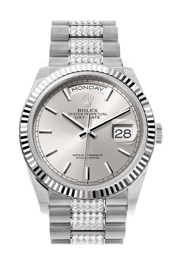 Rolex Day-Date 36 Silver Dial Fluted Bezel White Gold Diamond President Watch - Ref # 128239