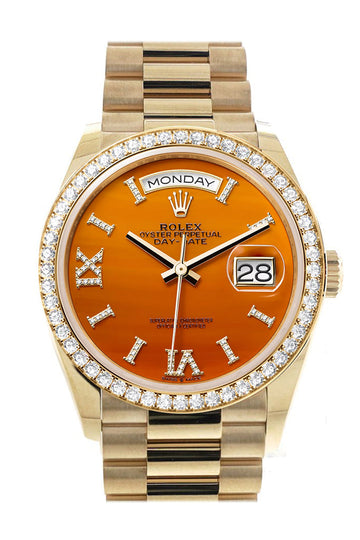 Rolex Day-Date 36 Carnelian Dial Gold Diamond Bezel Watch - Ref # 128348RBR-0049 128348RBR