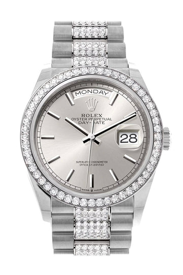 Rolex Day-Date 36 Silver Dial Diamond Bezel White Gold Diamond President Watch - Ref # 128349RBR