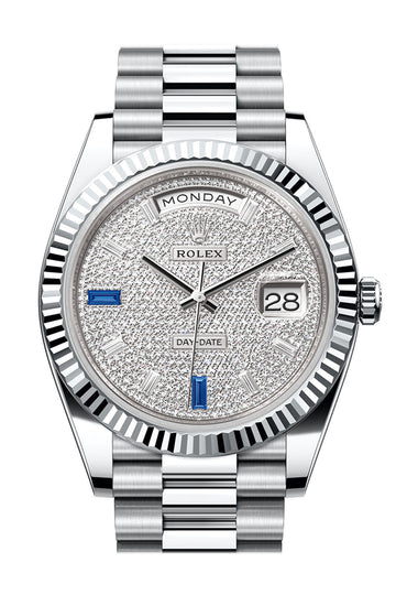 Rolex Day-Date 40 Diamond-Paved Dial Dial Fluted Bezel Platinum President Watch - Ref # 228236