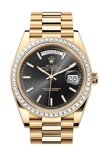 Rolex Day-Date 40 Black Dial Baguette Diamond Bezel 18K Yellow Gold President Watch - Ref # 228398TBR