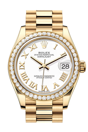Rolex Datejust 31 White Roman Dial Diamond Bezel Yellow Gold Ladies Watch - Ref # 278288RBR 278288RBR-0009