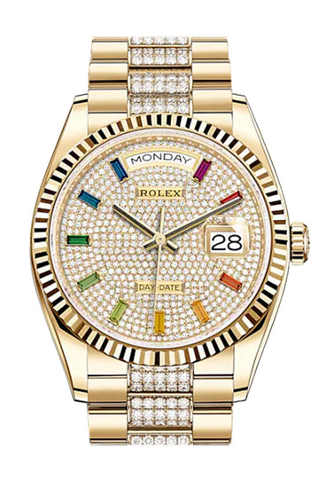 ROLEX Day-Date 36 Diamond-Paved Dial 18K Yellow Gold Watch - Ref # Diamond set president Bracelet 128238