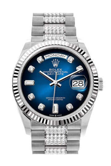 Rolex Day-Date 36 Blue ombrŽ Diamond Dial Fluted Bezel White Gold Diamond President Watch - Ref # 128239
