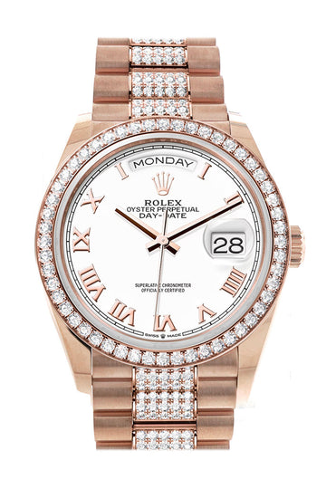 Rolex Day-Date 36 White Dial Diamond Bezel Everose Gold Diamond President Watch - Ref # 128345RBR