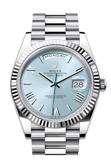 Rolex Day-Date 40 Ice-Blue Roman Dial Dial Fluted Bezel Platinum President Watch - Ref # 228236
