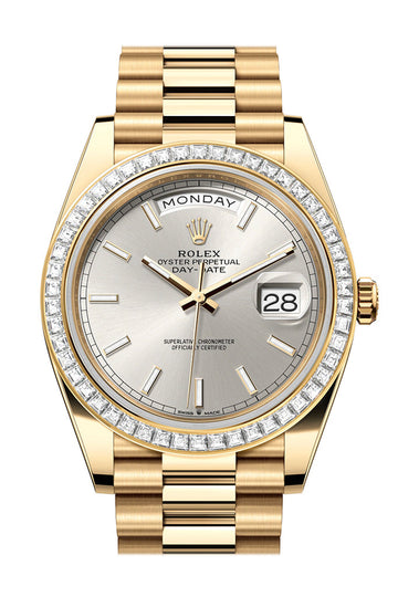 Rolex Day-Date 40 Silver Dial Baguette Diamond Bezel 18K Yellow Gold President Watch - Ref # 228398TBR