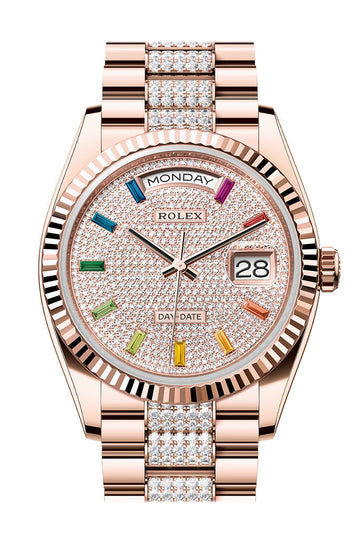 Rolex Day-Date 36 Diamond Paved Dial Fluted Bezel 18K Everose gold Diamond President Watch - Ref # 128235