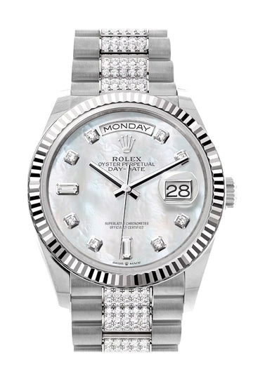 Rolex Day-Date 36 Mother of Pearl Diamond Dial Fluted Bezel White Gold Diamond President Watch - Ref # 128239