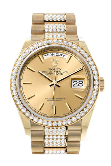 Rolex Day-Date 36 Champagne Dial Gold Diamond Bezel Watch - Ref # 128348RBR-0027 128348RBR