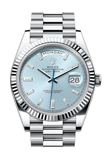 Rolex Day-Date 40 Ice-Blue Diamond Dial Dial Fluted Bezel Platinum President Watch - Ref # 228236