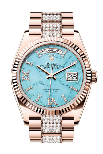 Rolex Day-Date 36 Turquoise Diamond Dial Fluted Bezel 18K Everose gold Diamond President Watch - Ref # 128235