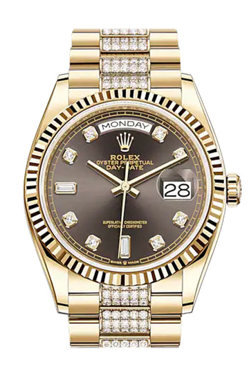 ROLEX Day-Date 36 Dark Grey Dial 18K Yellow Gold Watch - Ref # Diamond set president Bracelet 128238