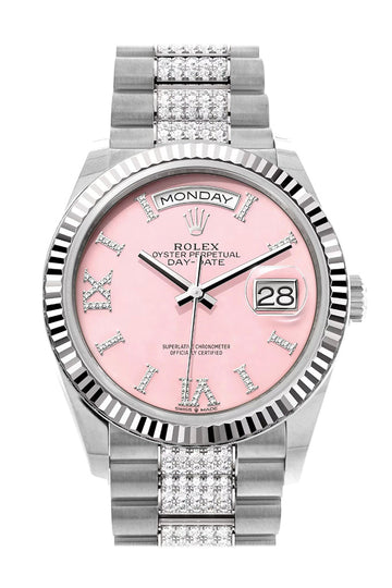 Rolex Day-Date 36 Pink Opal Diamond Dial Fluted Bezel White Gold Diamond President Watch - Ref # 128239