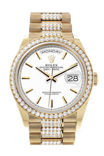 Rolex Day-Date 36 White Dial Gold Diamond Bezel Watch - Ref # 128348RBR-0048 128348RBR
