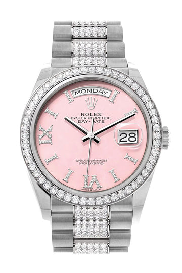 Rolex Day-Date 36 Pink Opal Diamond Dial Diamond Bezel White Gold Diamond President Watch - Ref # 128349RBR