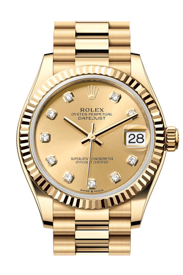Rolex Datejust 31 Champagne Diamond Dial Fluted Bezel Yellow Gold Ladies Watch - Ref # 278278 278278-0009