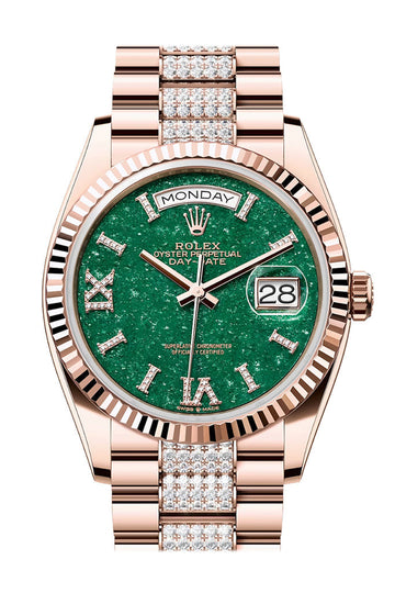 Rolex Day-Date 36 Aventurine Diamond Dial Fluted Bezel 18K Everose gold Diamond President Watch - Ref # 128235