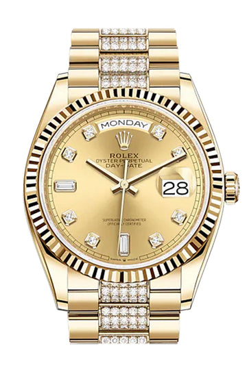 ROLEX Day-Date 36 Champagne Diamond Dial 18K Yellow Gold Watch - Ref # Diamond set president Bracelet 128238
