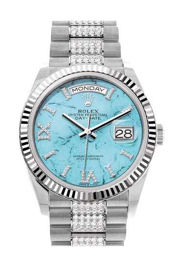 Rolex Day-Date 36 Turquoise Diamond Dial Fluted Bezel White Gold Diamond President Watch - Ref # 128239