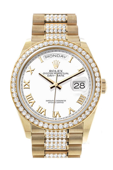 Rolex Day-Date 36 White Roman Dial Gold Diamond Bezel Watch - Ref # 128348RBR-0043 128348RBR