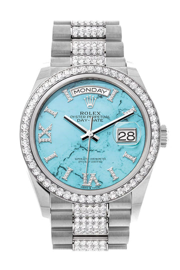 Rolex Day-Date 36 Turquoise Diamond Dial Diamond Bezel White Gold Diamond President Watch - Ref # 128349RBR