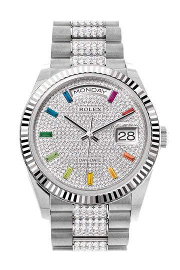 Rolex Day-Date 36 Diamond Paved Diamond Dial Fluted Bezel White Gold Diamond President Watch - Ref # 128239