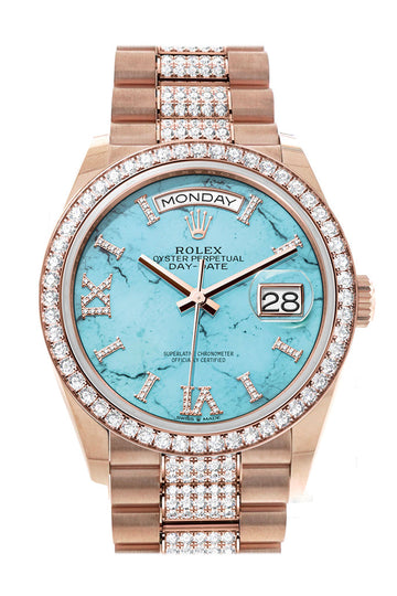 Rolex Day-Date 36 Turquoise Dial Diamond Bezel 18K Everose Gold Diamond President Watch - Ref # 128345RBR