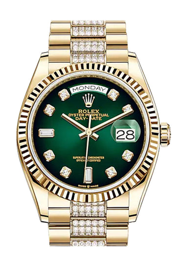 ROLEX Day-Date 36 Green Ombre Diamond-set Dial 18K Yellow Gold Watch - Ref # Diamond set president Bracelet 128238
