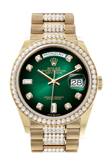 Rolex Day-Date 36 Green ombrŽ Diamond Dial Gold Diamond Bezel Watch - Ref # 128348RBR-0036 128348RBR
