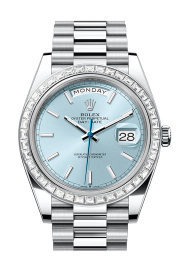 Rolex Day-Date 40 Ice Blue Dial Baguette Diamond Bezel Platinum President Watch - Ref # 228396TBR