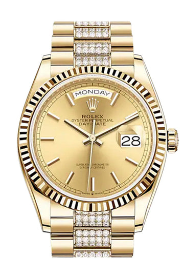 ROLEX Day-Date 36 Champagne Stick Dial 18K Yellow Gold Watch - Ref # Diamond set president Bracelet 128238