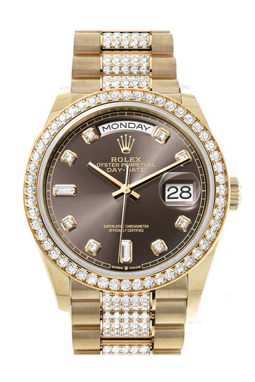 Rolex Day-Date 36 Dark Grey Diamond Dial Gold Diamond Bezel Watch - Ref # 128348RBR-0007 128348RBR