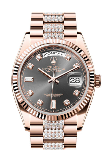 Rolex Day-Date 36 Slate Diamond Dial Fluted Bezel 18K Everose gold Diamond President Watch - Ref # 128235