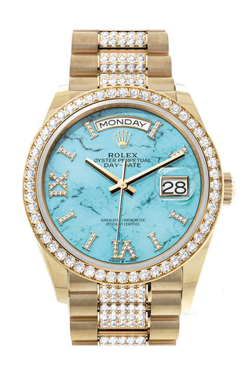 Rolex Day-Date 36 Dark Turquoise Diamond Dial Gold Diamond Bezel Watch - Ref # 128348RBR-0038 128348RBR
