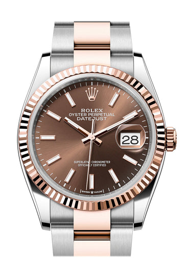 Rolex Datejust 36 Chocolate Dial Fluted Rose Gold Two Tone Oyster Watch - Ref # 126231