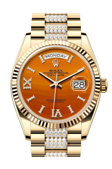Rolex Day-Date 36 Carnelian Dial Gold Fluted Bezel Diamond Bracelet Yellow Gold Watch - Ref # 128238