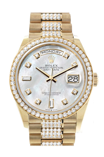 Rolex Day-Date 36 Mother-of-Pearl Diamond Dial Gold Diamond Bezel Watch - Ref # 128348RBR-0019 128348RBR