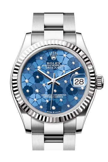 Rolex Datejust 31 Blue Floral Diamond Dial Fluted Bezel Ladies Watch - Ref # 278274 278274-0035