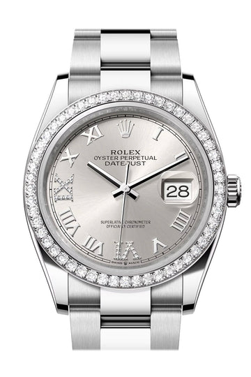 Rolex Datejust 36 Silver Roman Diamond Dial Diamond Bezel Watch - Ref # 126284RBR 126284RBR-0022