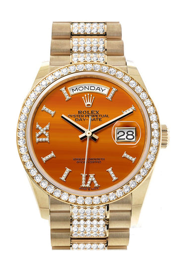 Rolex Day-Date 36 Carnelian Dial Gold Diamond Bezel Watch - Ref # 128348RBR-0050 128348RBR