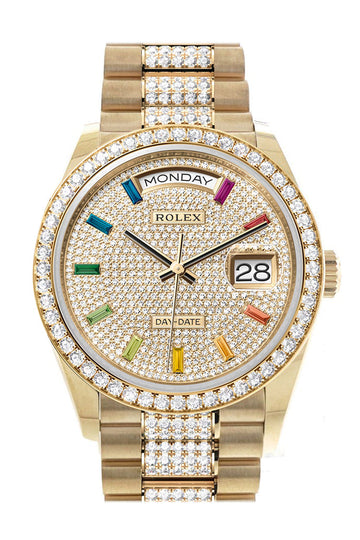 Rolex Day-Date 36 Pave Dial Gold Diamond Bezel Watch - Ref # 128348RBR-0031 128348RBR